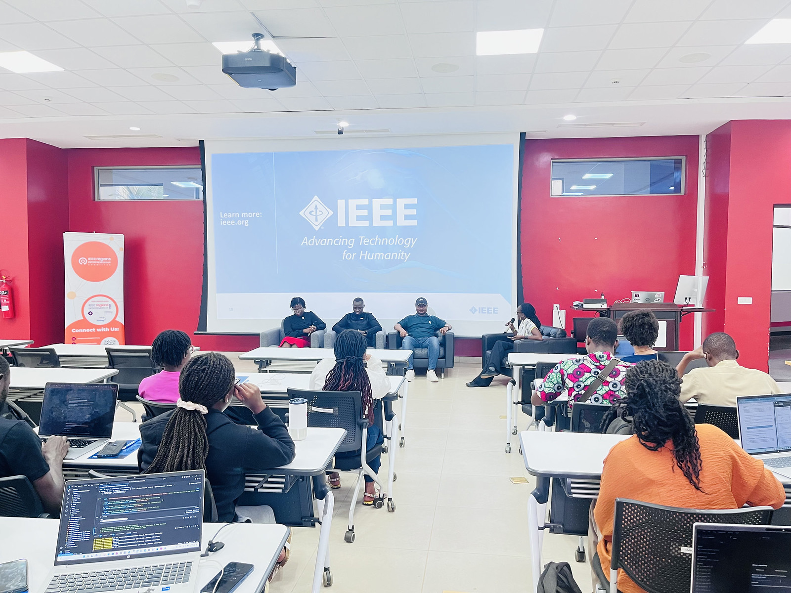 Students attending an IEEE panel at CMU-Africa
